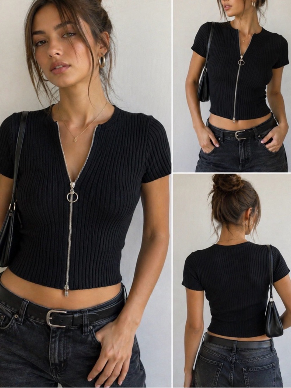 Y2K Black Ribbed Zip Top Fitted Cotton Baby Tee Ring Zipper Minimalist It Girl